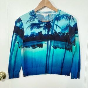 Minnie Rose Palm Tree Photo Print Cotton Blend Cropped Sweater Blue/Aqua